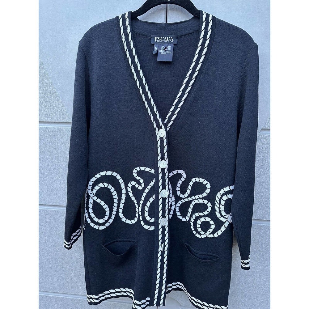 Escada knit Black & White V-neck, pockets, Mother Of Pearl Buttons Cardigan 6US